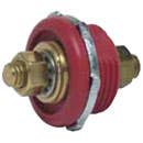 BATTERY FEEDER STUD, RED, IMPACT RES. PLASTIC, TWO 3/8"-16 THREAD BRASS STUD TERMINALS, 5/8" LONG