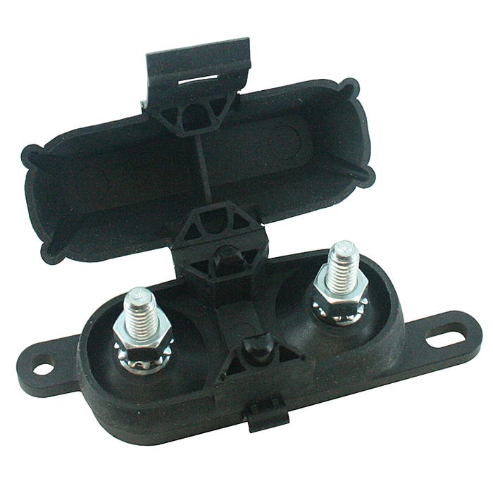 FUSE HOLDER FOR HIGH AMP SIZE BOLT ON FUSES, BLACK ATTACHED COVER 25PK FUSE HOLDER FOR HIGH AMP SIZE BOLT ON FUSES, BLACK ATTACHED COVER 25PK