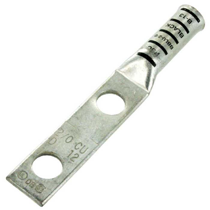 Long Barrel Copper Lug 1/0 Awg 1/2" Black 2 Hole Flared Long Barrel Copper Lug 1/0 Awg 1/2" Black 2 Hole Flared